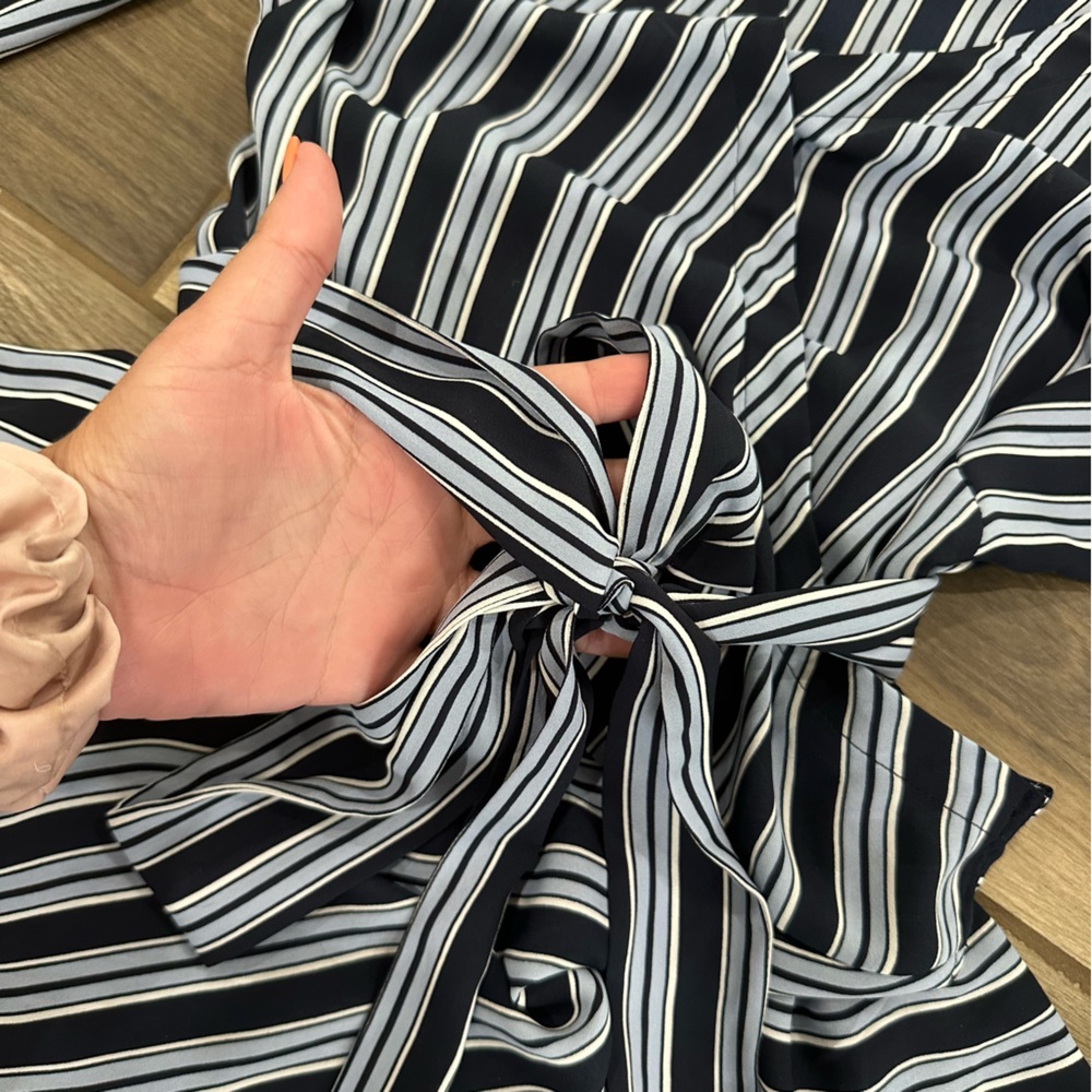 LOFT Navy and Light Blue Striped Wrap Blouse - Picture 4 of 9